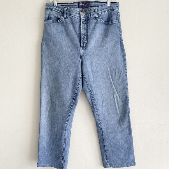 NYDJ Crop Straight Leg Jeans Plus Size 16 High Rise Rhinestones Gem Stretch Blue - Picture 9 of 9